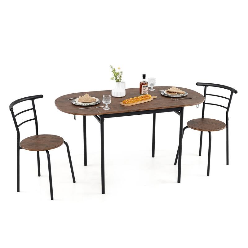 Gymax 3 Pcs Foldable Dining Table Set w/ 2 Chairs Industrial Oval - Brown