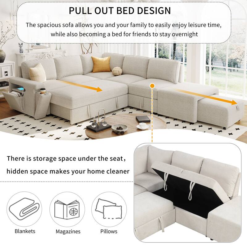 90.6'' Modern L-shaped Padded Modular Sofa with Storage Space, USB Ports, and Cup Holders on the Armrests
