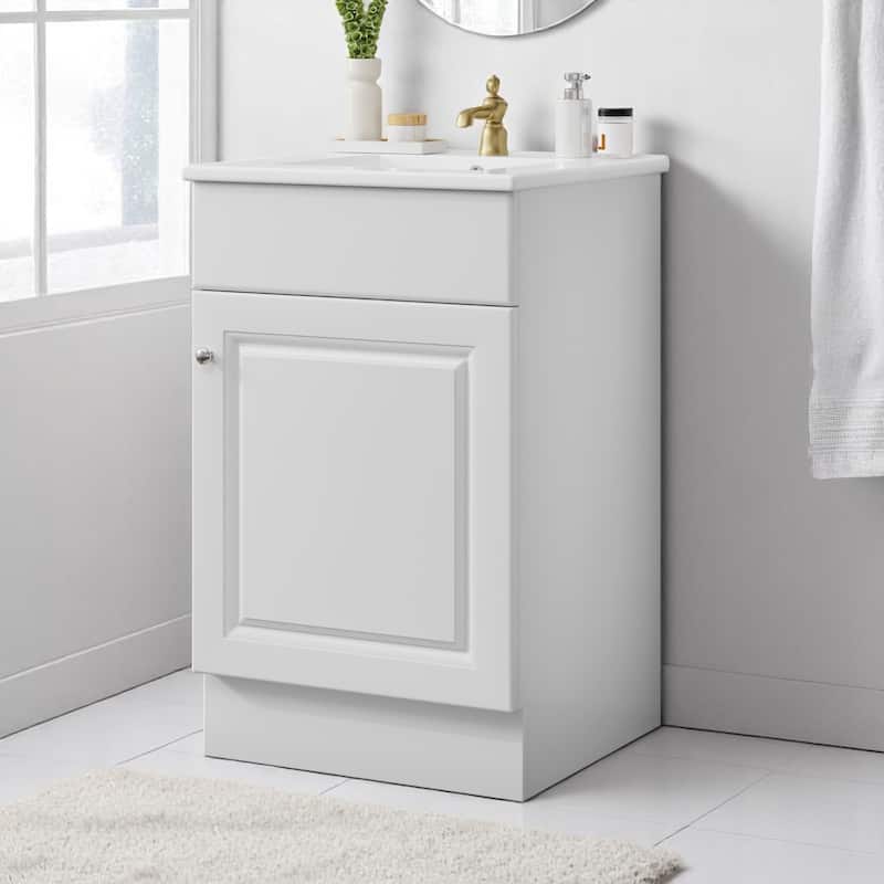 Compact 20 Inch Bathroom Vanity with Ceramic Sink, Painted MDF Cabinet, Soft Close Door, Freestanding - White