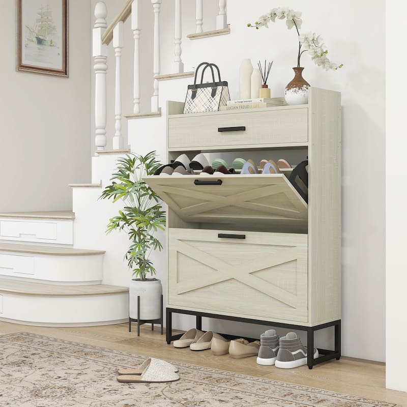Narrow Shoe Cabinet, Industrial Shoe Storage Cabinet with 2 Flip Drawers