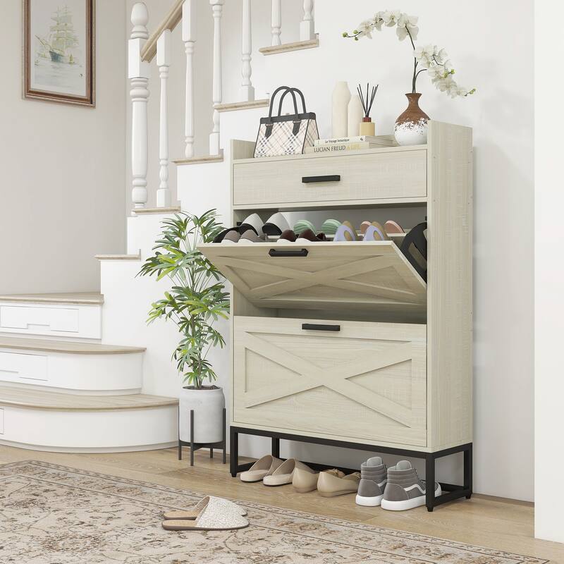 Narrow Shoe Cabinet, with 2 Flip Drawers, Adjustable Shelves and Top Drawer, Hidden Shoe Storage for 12 Pairs of Shoes