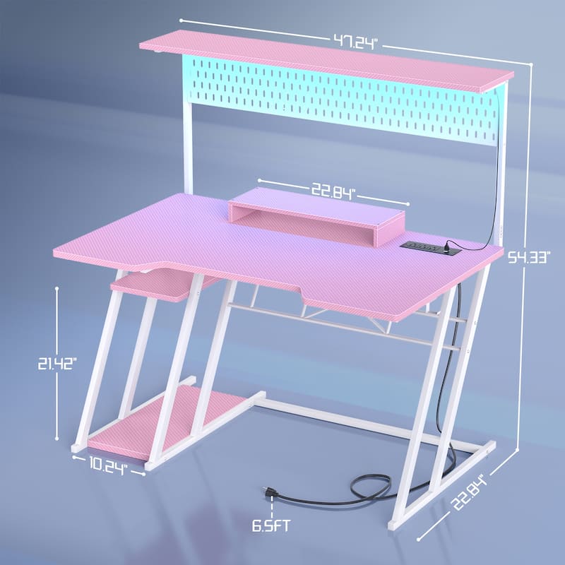 Gaming Desk with Hutch and LED Lights, Computer Table with Storage Shelves