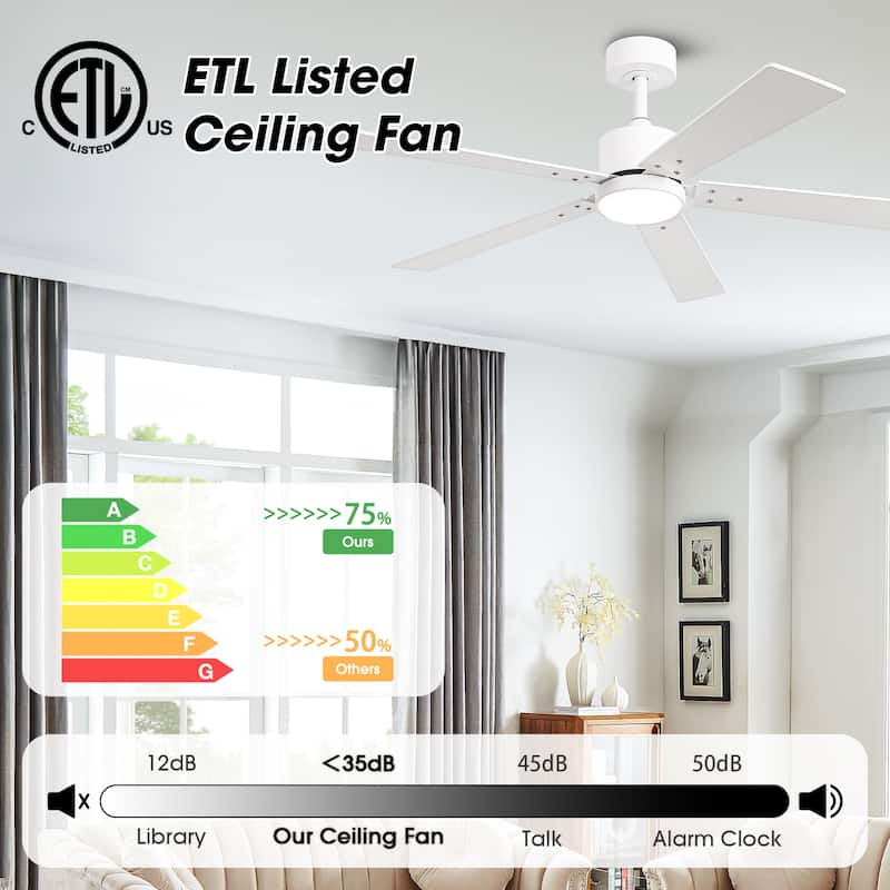 Vaczon 52" Modern Wooden 5-blade White Indoor Ceiling Fan with Light and Remote