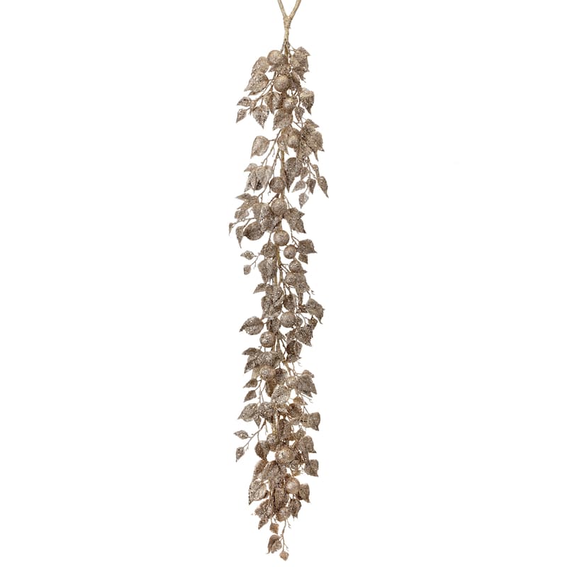 48" Glittered Aspen Leaf And Ball Garland - Champagne Gold