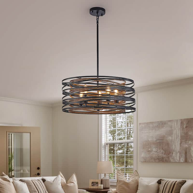 Sofucor 13/20/24 Inch Rustic Industrial Pendant Light,Black and Walnut Metal Cage Chandelier with Wood Accents for Dining Room