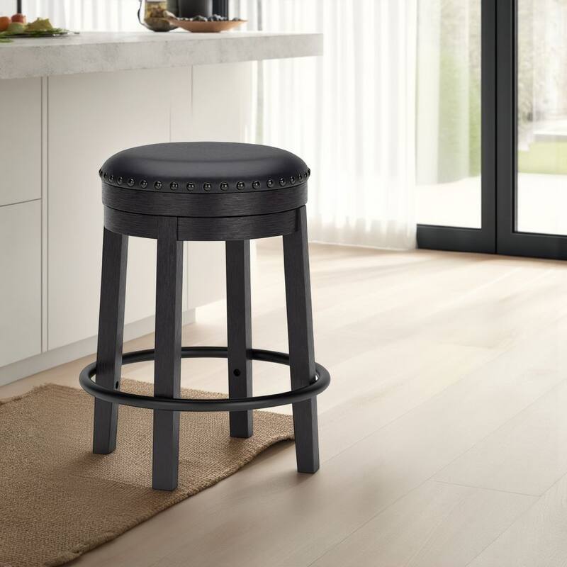 Becy Counter Height Swivel Stool, 24 Inch, Black Faux Leather Seat