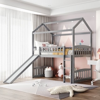 Twin Wood Loft Bed House Bed with Slide&Ladder&Guardrail&Roof, Large Underneath Play&Storage Area, Gray