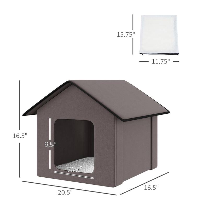 Heated Cat House with Berber Fleece Pad Foldable Outdoor Indoor Shelter Brown Warm Cozy Cat Bed