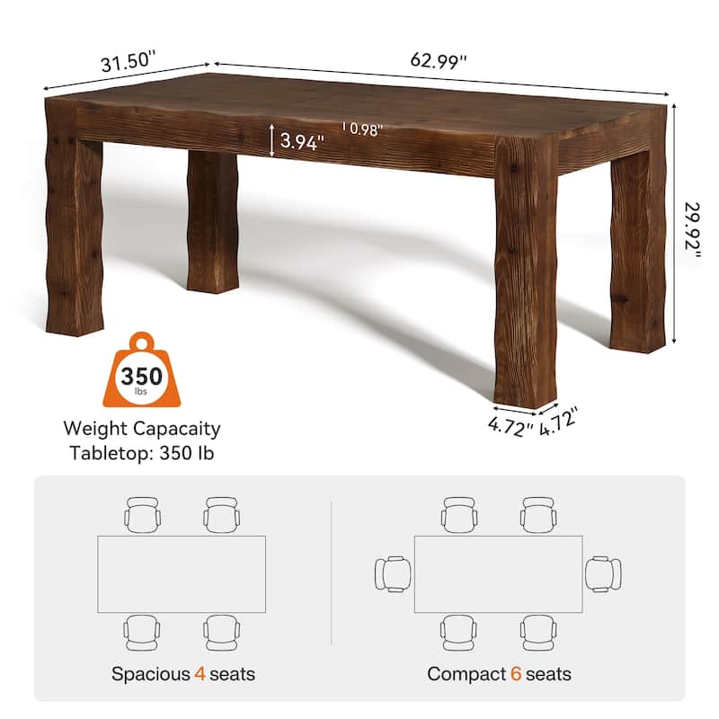 63" Solid Wood Kitchen Dining Table for 4-6 People