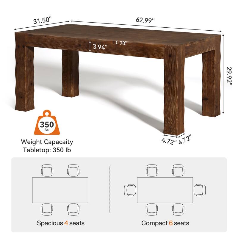 63-Inch Solid Wood Dining Table for 4-6 - 31.5" D x 63" W x 29.92" H