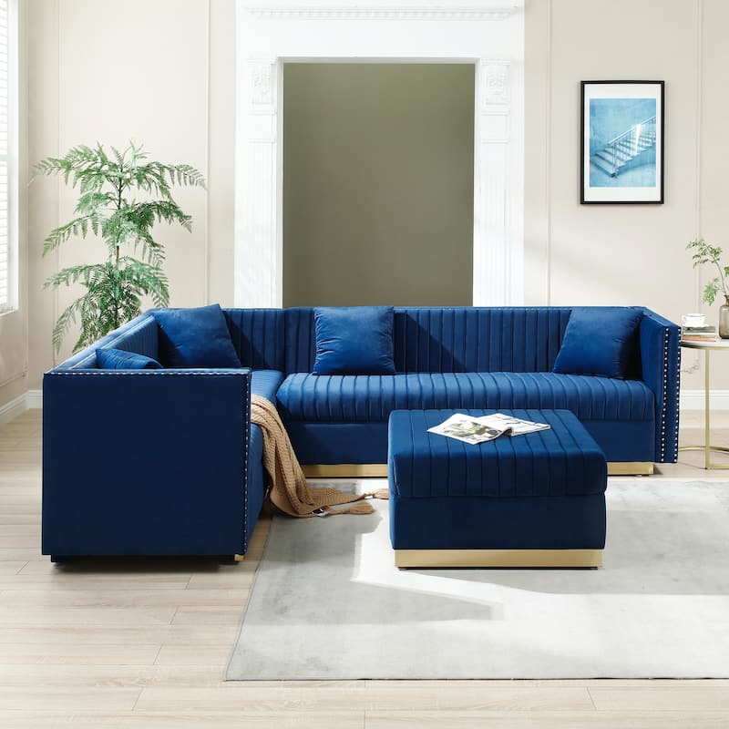 Luxurious Velvet Vertical Channel Tufted L-Shaped Corner Sectional Sofa with Convertible Ottoman and 4 Pillows