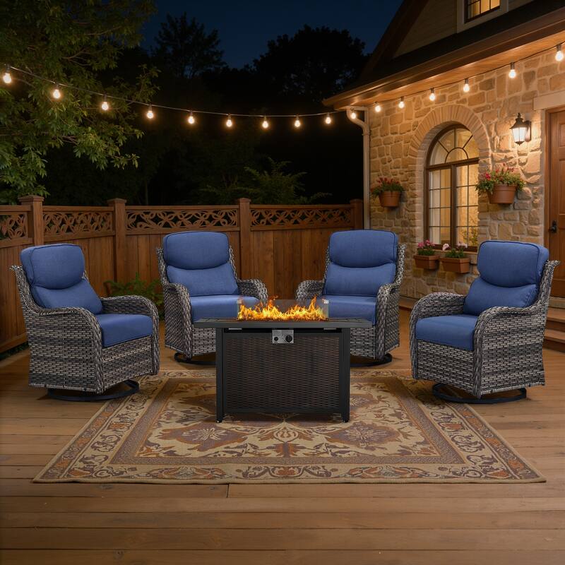 Meyreso 5-Piece Outdoor Patio Wicker Fire Pit 4 person Conversation Set with 5-Inch Thick Cushions - Navy Blue Cushions - Gray Wicker