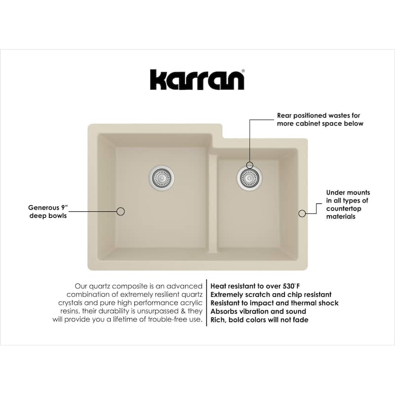 Karran 32" Undermount Large/Small Bowl Quartz Kitchen Sink Kit - 32" x 21.25" x 9"