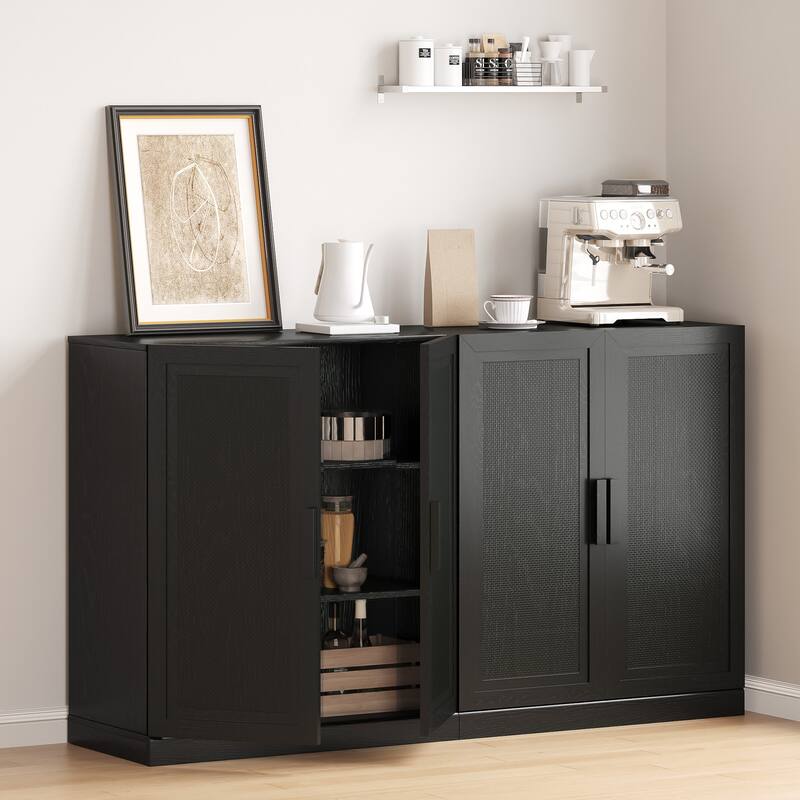 62"LX36"H Solid Wood Kitchen Pantry Sideboard Buffet Cabinet Storage with Rattan Doors