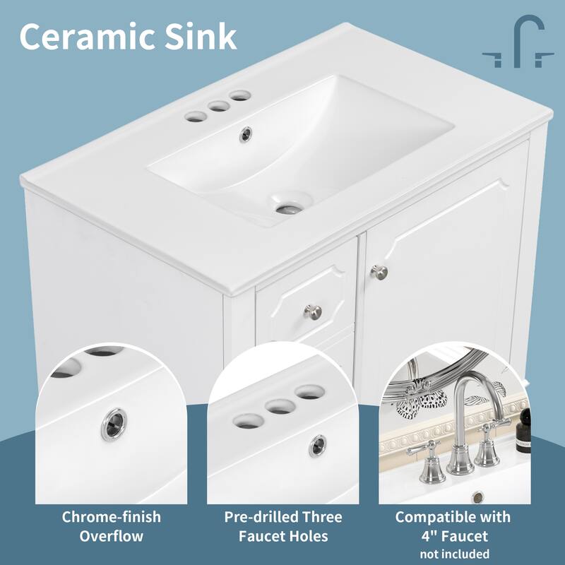 GDFStudio 30" Freestanding Bathroom Vanity with Ceramic Sink and Storage Drawers - 30" W x 18" D x 33.8" H