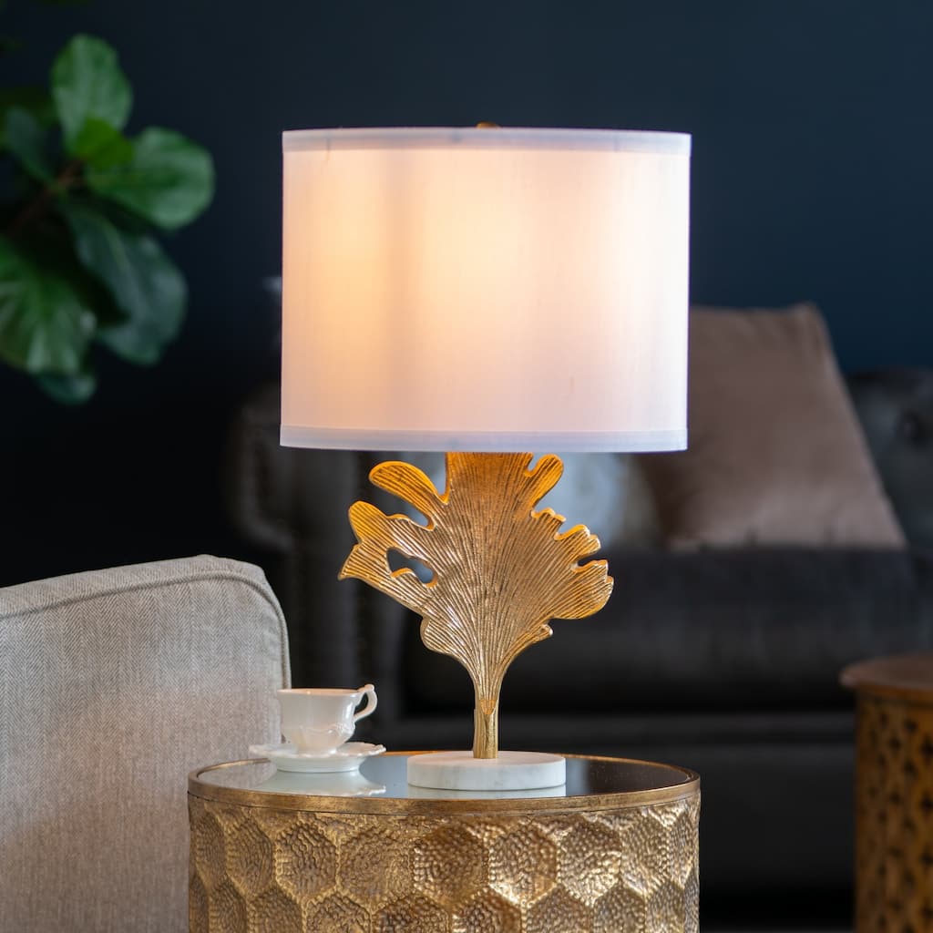 D13x22.2" Gold and White Table Lamp with Leaf Design