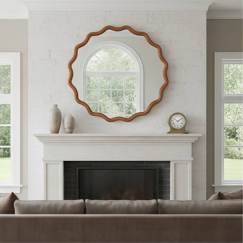 Wavy Round Solid Wood Frame Decorative Mirror Modern Farmhouse Wall Mirror For Bedroom Bathroom Living Room Entryway
