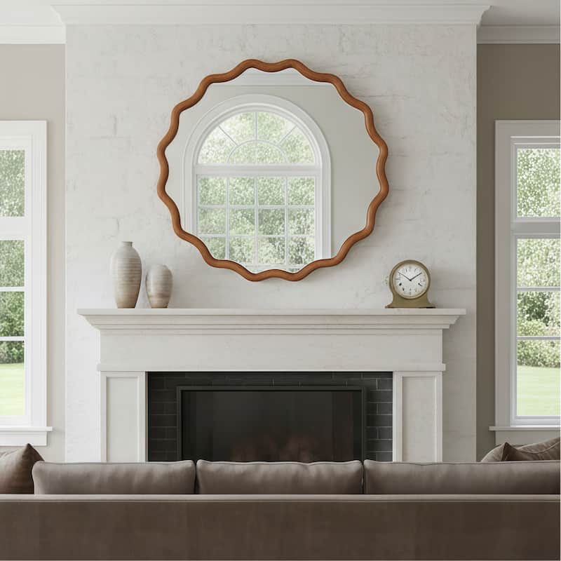 Yellowish Brown Wavy Round Solid Wood Decorative Mirror - Bedroom, Bathroom, Living Room - Yellow Brown