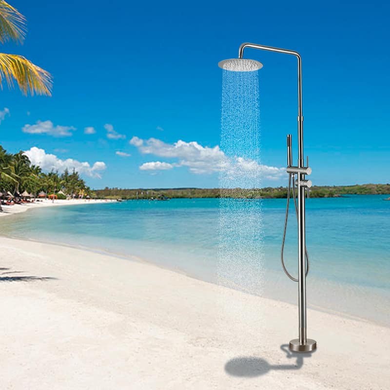 85.82'' H Freestanding Stainless Steel Outdoor Shower, Temperature Controlled Rainfall Shower System