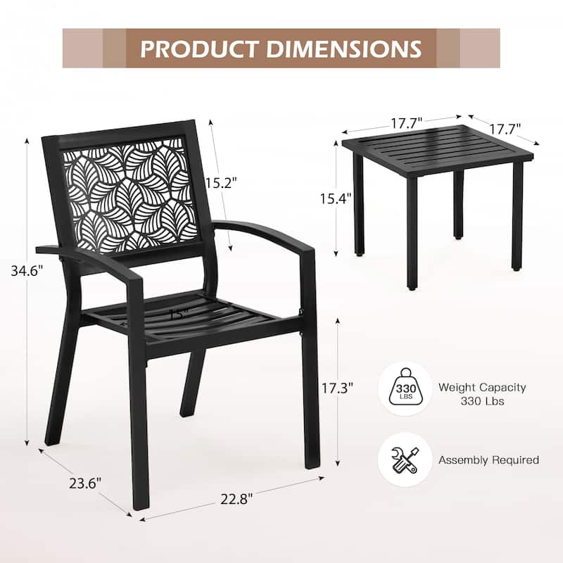 Outdoor Patio Set, Weatherproof Iron Bistro Table & Chairs, Floral Back Design, Space-Saving（Green/ Blue/ Yellow/ Black）