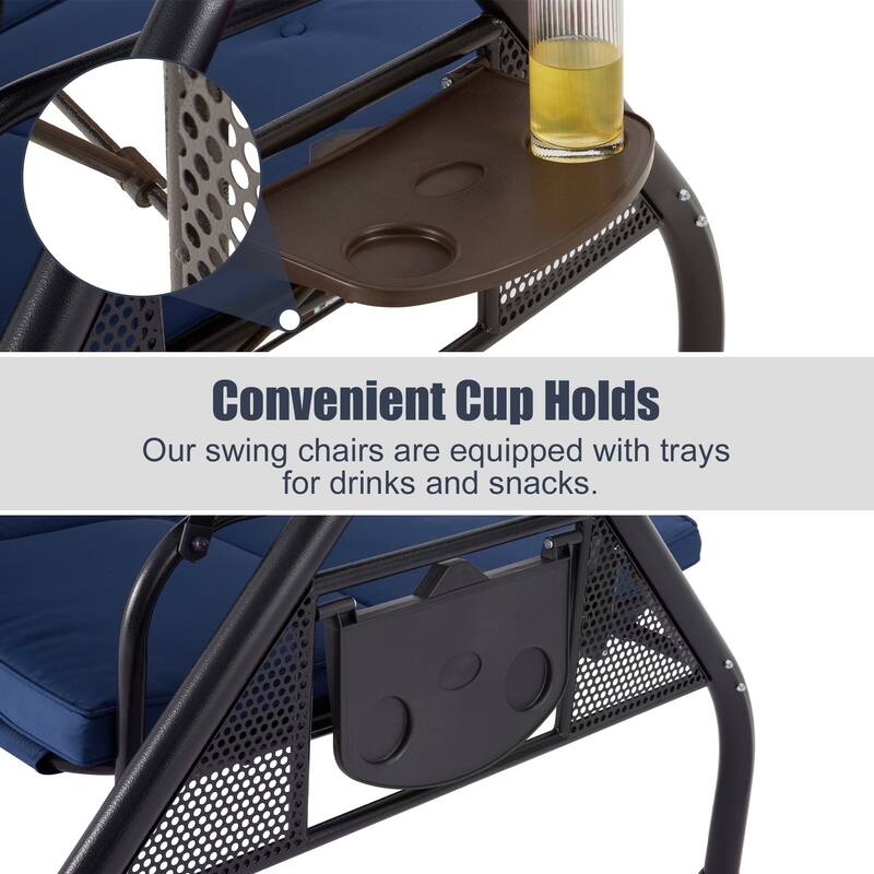 3-Seat Outdoor Porch Swing with Adjustable Canopy & Stand, Convertible Bed, All-Weather, Thickened Cushions & Cup Holders