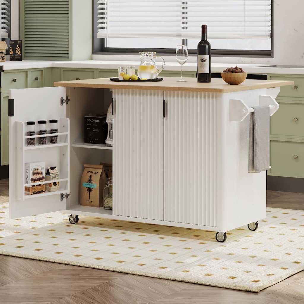Farmhouse Accent Fluted Kitchen Island with Drop Leaf, Internal Storage Rack & Towel Rack, Rolling Kitchen Cart for Dining Room