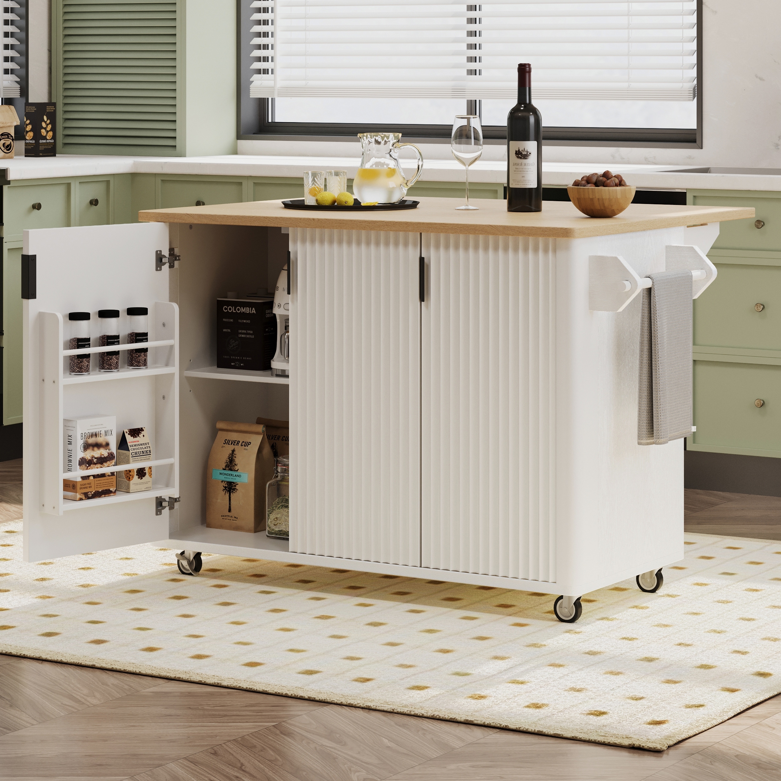 Simple White Rolling Kitchen Cart with Adjustable Shelves, Mobile Kitchen Island on Wheels with Drop Leaf