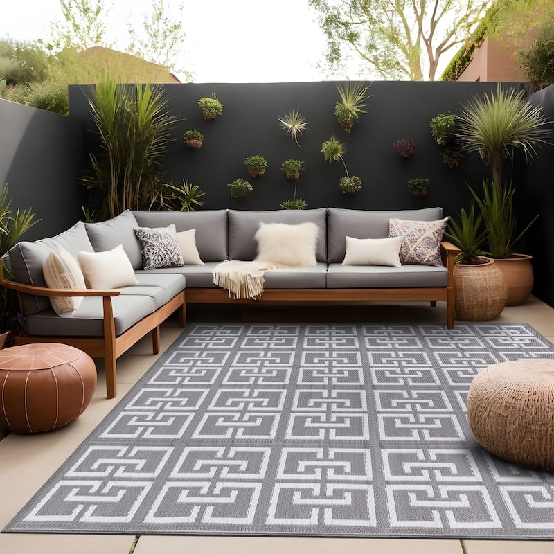 Beverly Rug Geometric Greek Key Outdoor Rug Waterproof for Patio, RV Camping