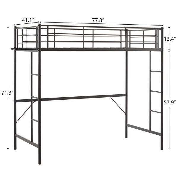 dimension image slide 1 of 3, Twin Size Metal Loft Bed With Safety Guardrails & 2 Built-In Ladders, Loft Bunk Bed Frame For Teens Juniors Adults