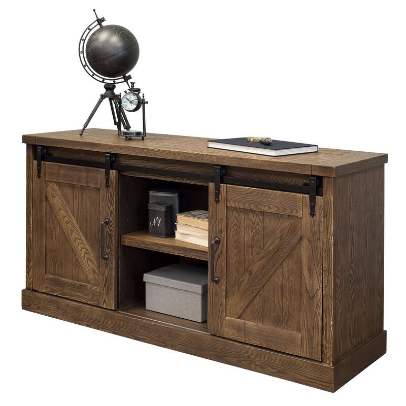 Avondale 60" TV Console, Barn Door Entertainment Stand, Wood Accent Cabinet, Brown