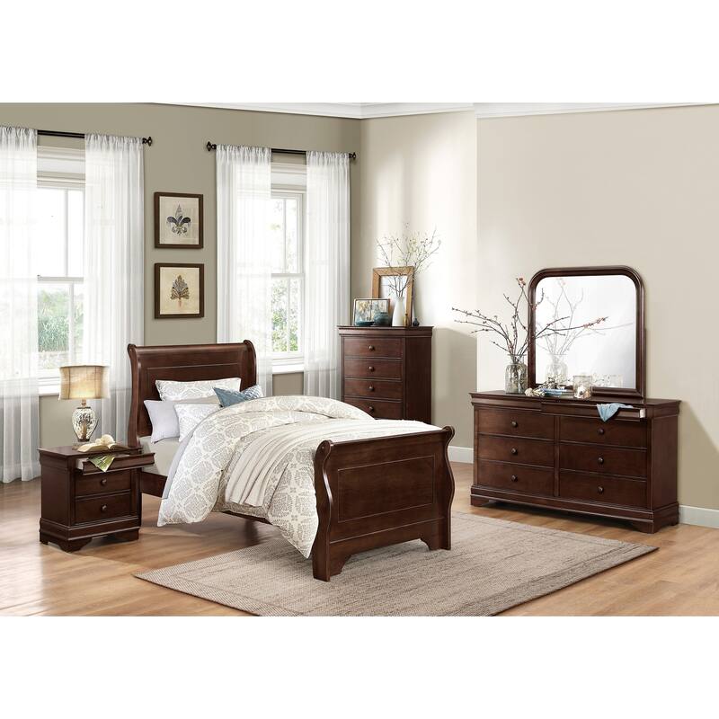 Twin Size Sleigh Bed in Dark Cherry Finish with Headboard and Footboard