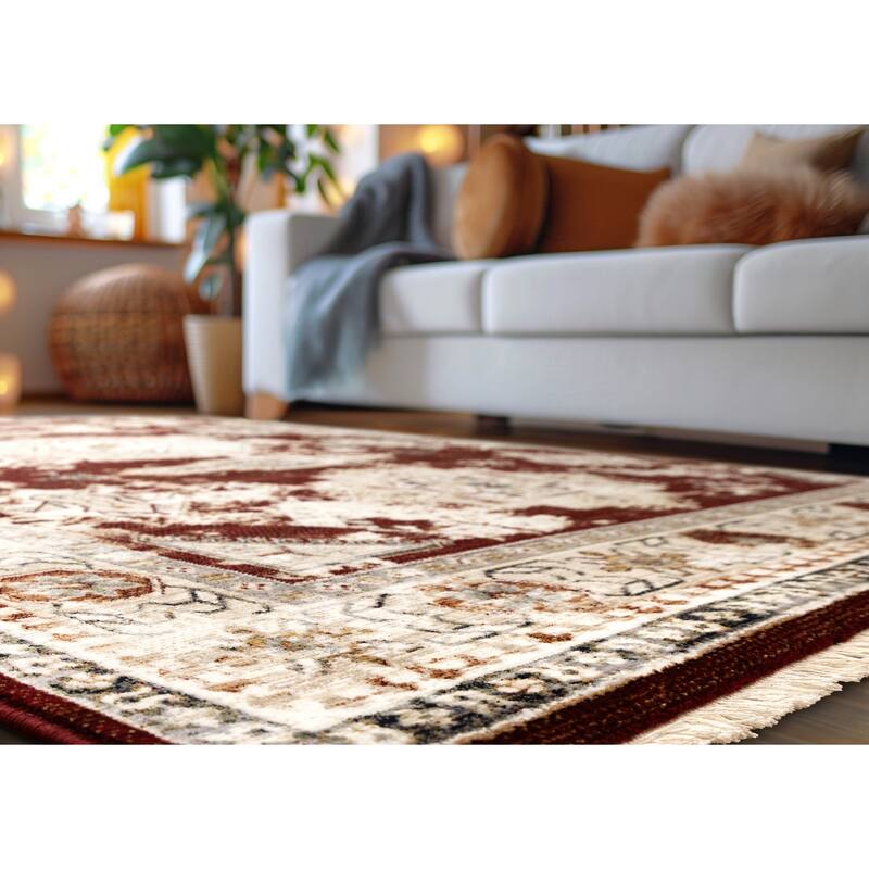 Sydney Collection - Red Cream Taupe Distressed Traditional Oriental Area Rug