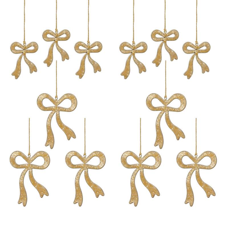Holiday Decorative Beaded Gold Bow Hanging Ornaments, 12 Pieces (6 Sets of 2)