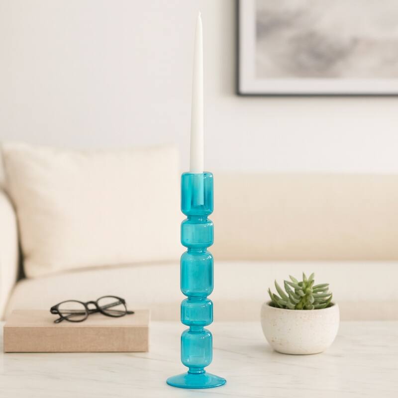 Glass Stacked Mix Bubble Taper Candle Holder - Blue