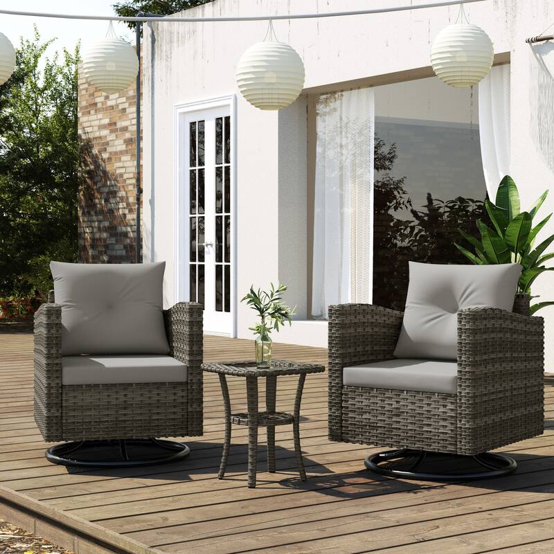 Outdoor 3-piece Swivel Chair Cushioned Rattan Conversation Set