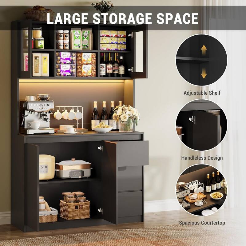 Kitchen Pantry Cabinet , Tall Storage Cabinet with Countertop and LED Lights