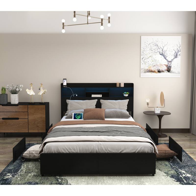 Full Bed Frame with 6 Storage Drawers Full Bed Frame with Headboard and Storage Shelf, Storage Bed