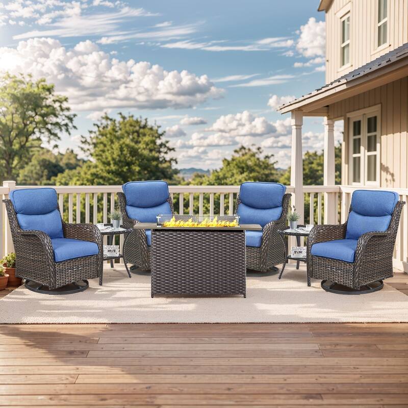 Outdoor Gliders Chairs with Fire Pit Table with 5-Inch Thick Cushions - Brown Rattan - Blue Cushion - 7PCS Swivel Chair Table w/ Rectangular Fire Table