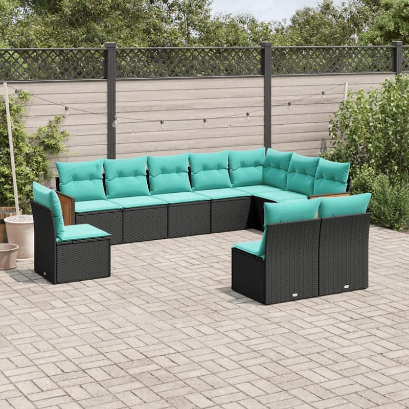 vidaXL 10 Piece Patio Sofa Set with Cushions Black Poly Rattan - 21.7x27.2x24.4-Without table
