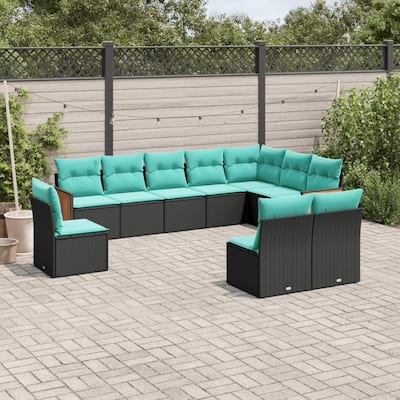 vidaXL 10 Piece Patio Sofa Set with Cushions Black Poly Rattan