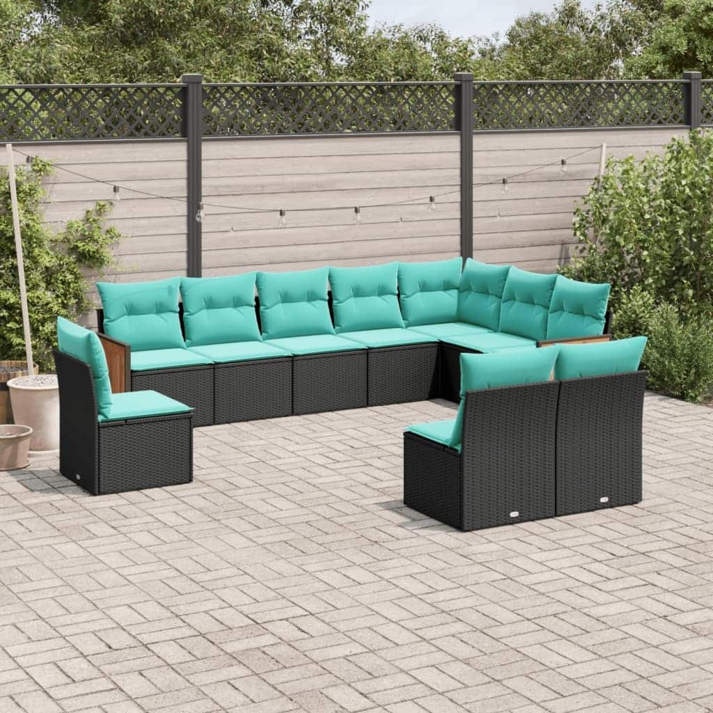 vidaXL 10 Piece Patio Sofa Set with Cushions Black Poly Rattan