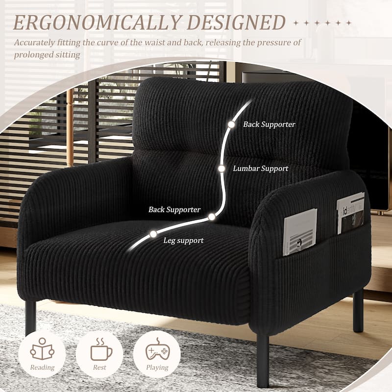 HOMEFUN Corduroy Upholstered Comfortable Single Wood Frame Armchair for Living room and Bedroom