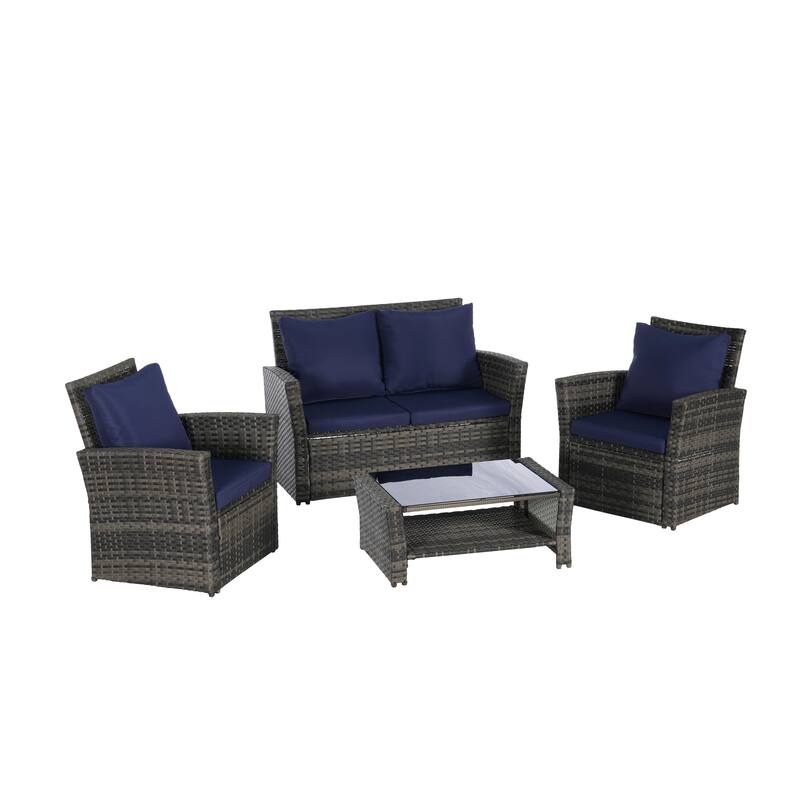 4-Piece Outdoor Patio Rattan Conversation Sofa Set with Tempered Glass Coffee Table