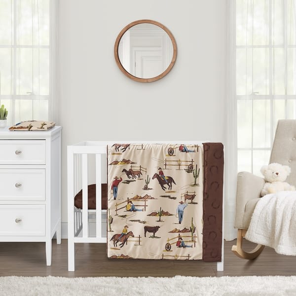 slide 2 of 6, Sweet Jojo Designs Brown Western Cowboy Boy 3p Mini Crib Bedding Set Wild West Horseshoe Southern Charm Country Horse Cow Animal