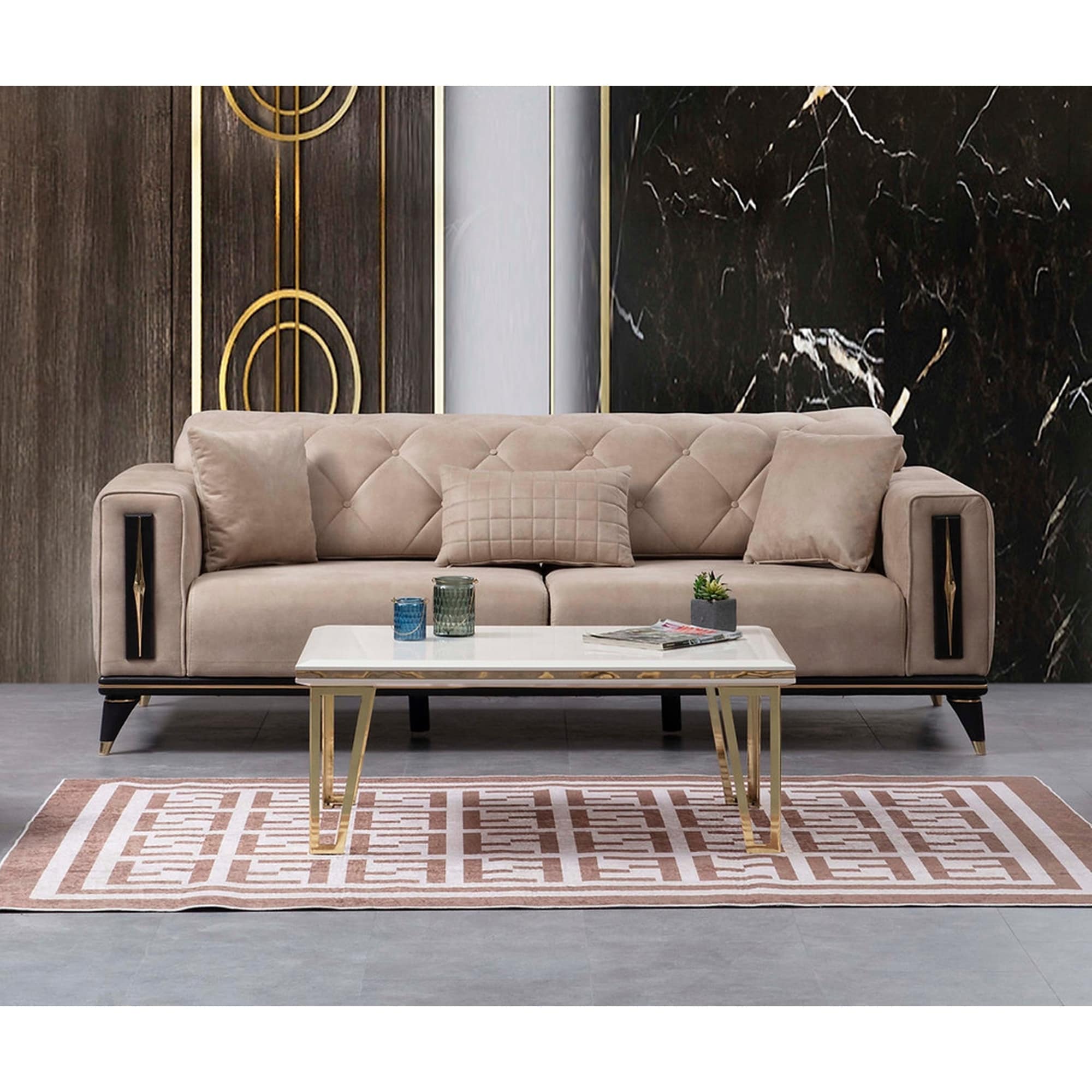 BSD National Supplies Livonia Modern Beige Suede Fabric Upholstered Button Tufted Sofa with Gold Trim