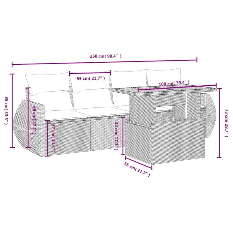 vidaXL Patio Sofa Set with Cushions Outdoor Furniture 5 Piece Poly Rattan - 27.6 x 24.4 x 27.2