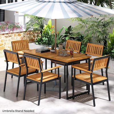 7 PCS Outdoor Dining Set Wood Rectangular Dining Table & Armchairs