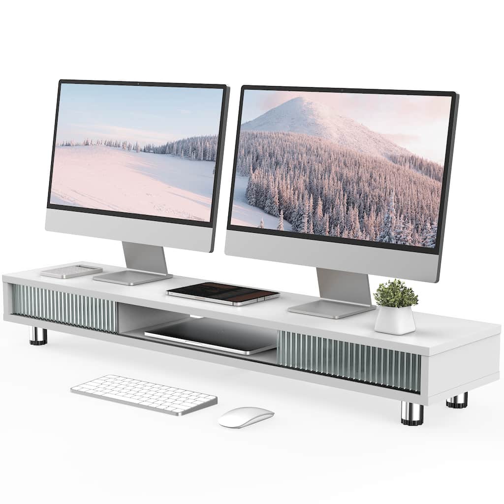 FENGE Wood Glass Dual Monitor Stand with Storage Shelf