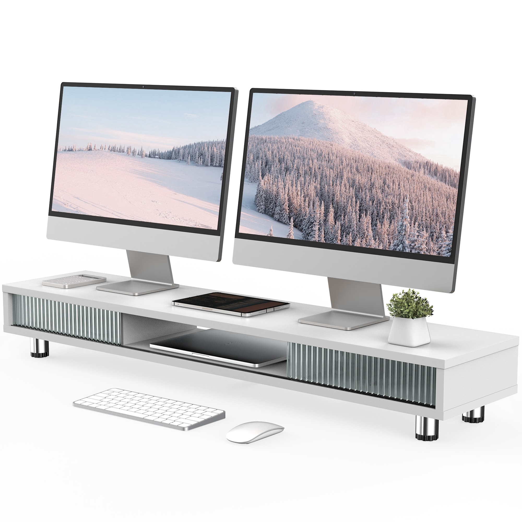 FENGE Wood Glass Dual Monitor Stand with Storage Shelf