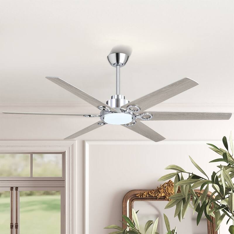 MLiAN 64 in. 6 Playwood Blade Dc Motor Indoor Downrod Gray Standard Ceiling Fan with Remote Integrated LED - 64'' - Chorme